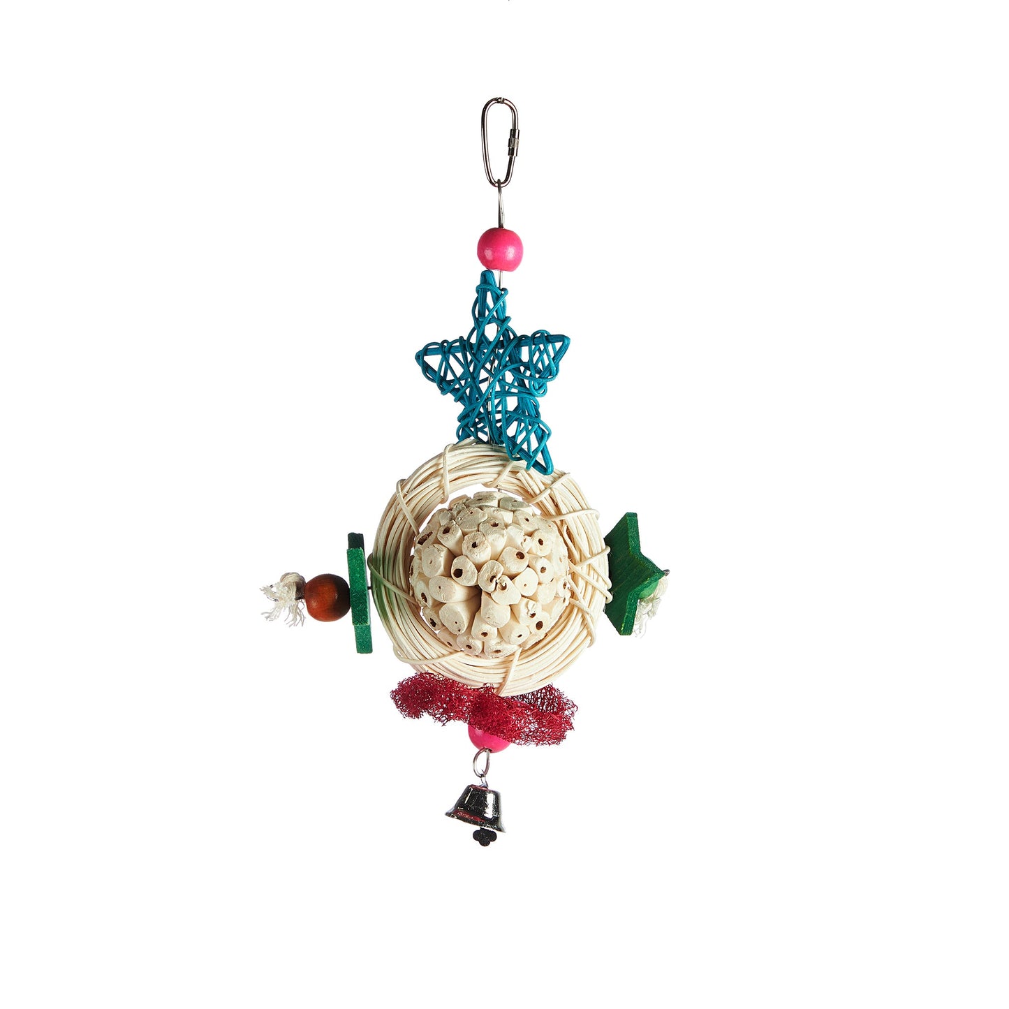 Hanging bird toy with Sola plant root, grapevine star, wooden beads, wooden stars, a rattan ring, a bell at the bottom, and a metal quick link attachment at the top.