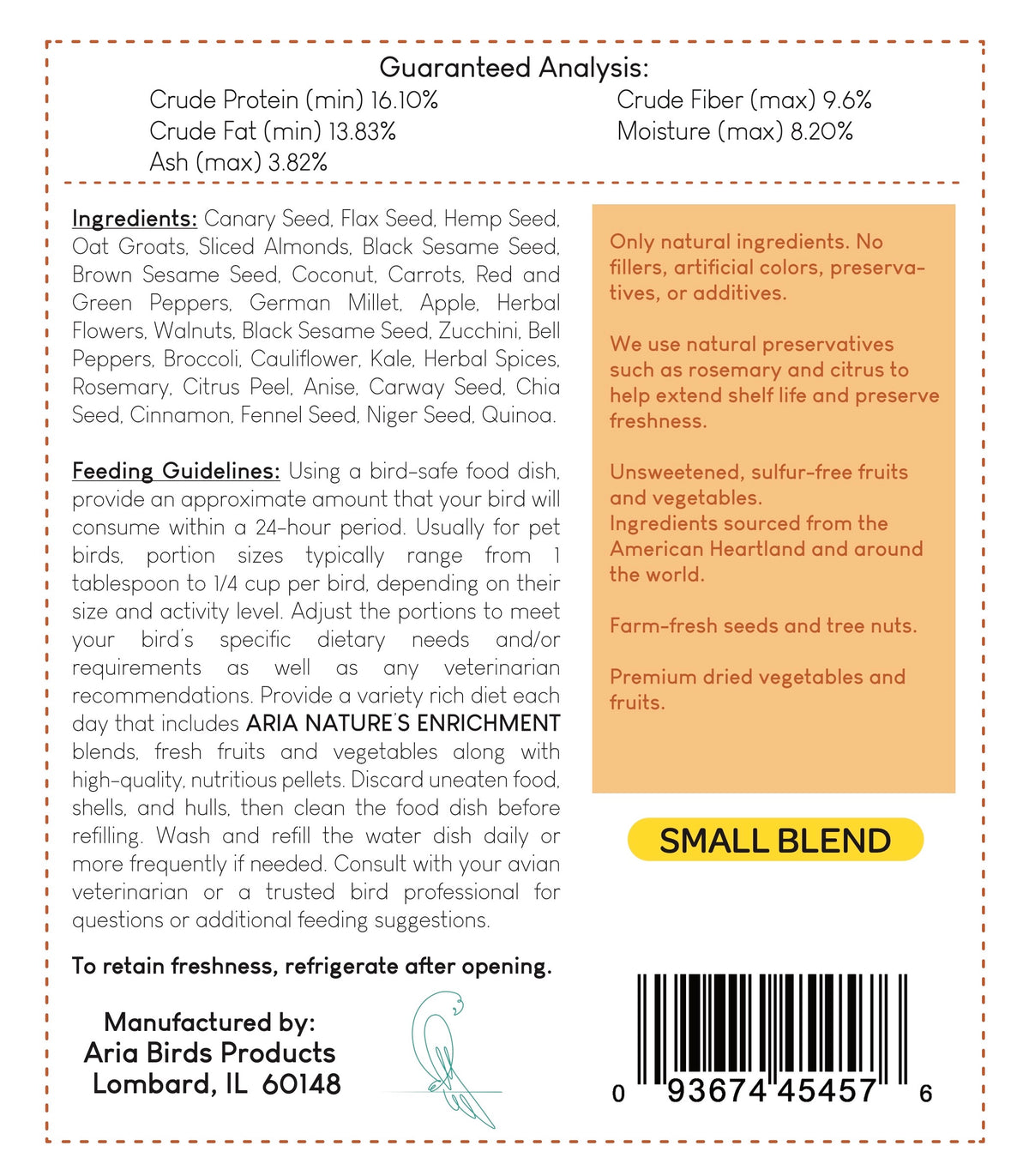 #1002 Aria Nature's Enrichment High-Variety Seed Blend for Small Parrots - 3lb