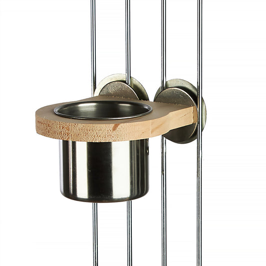 #2381 Aria Wood Holder and Cup - Bird Cage Food or Water Dish with Wooden Perch Stand