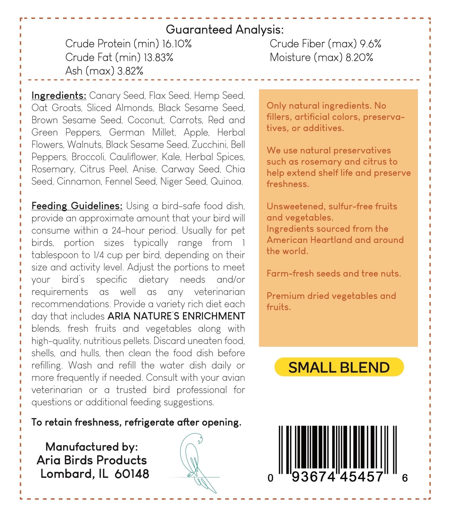 #1002 Aria Nature's Enrichment High-Variety Seed Blend for Small Parrots - 3lb